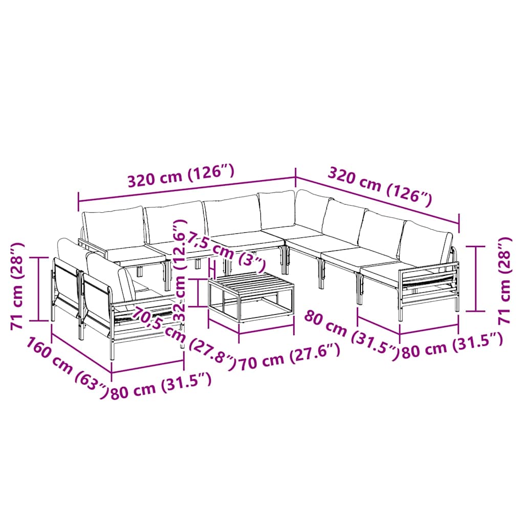 vidaXL Zestaw Sof na Ogród z poduszką 10 pcs Czarny Stal