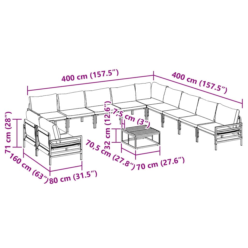 vidaXL Zestaw Sof na Ogród z poduszką 12 pcs Czarny Stal