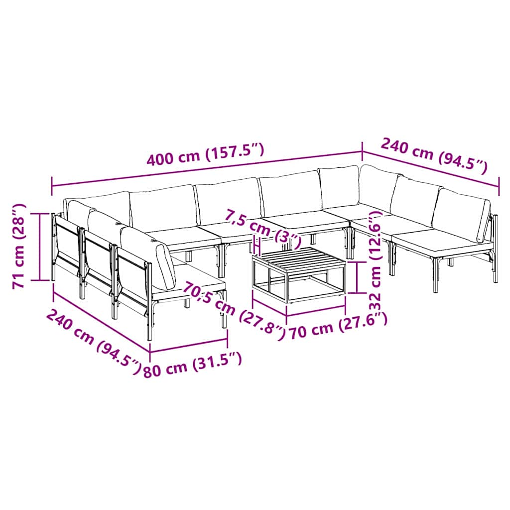 vidaXL Zestaw Sof na Ogród z poduszką 10 pcs Czarny Stal
