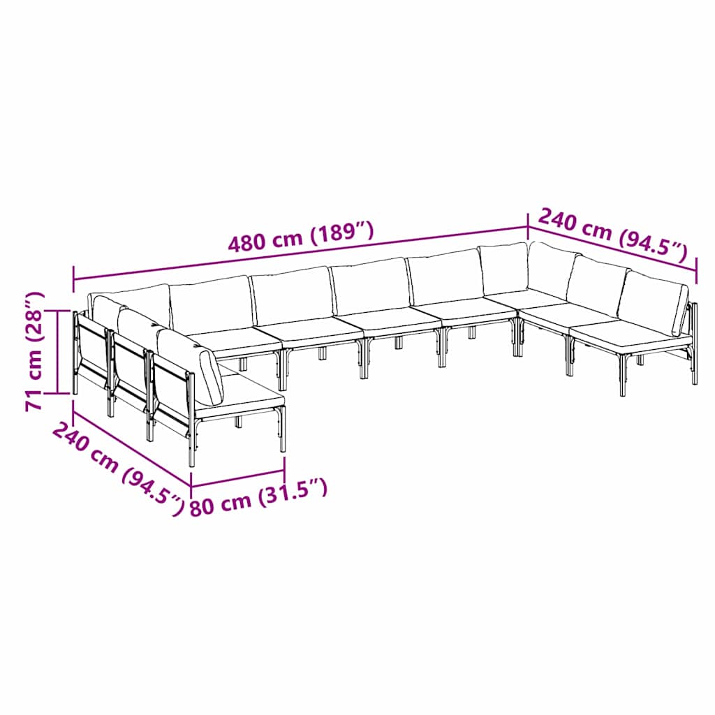 vidaXL Zestaw Sof na Ogród z poduszką 10 pcs Czarny Stal