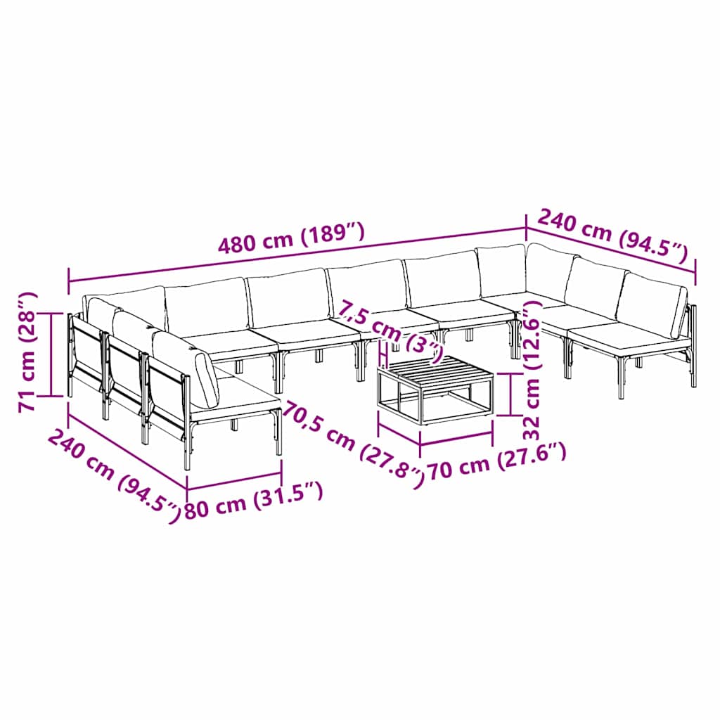 vidaXL Zestaw Sof na Ogród z poduszką 11 pcs Czarny Stal