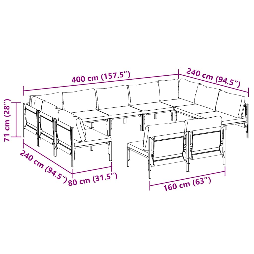 vidaXL Zestaw Sof na Ogród z poduszką 11 pcs Czarny Stal