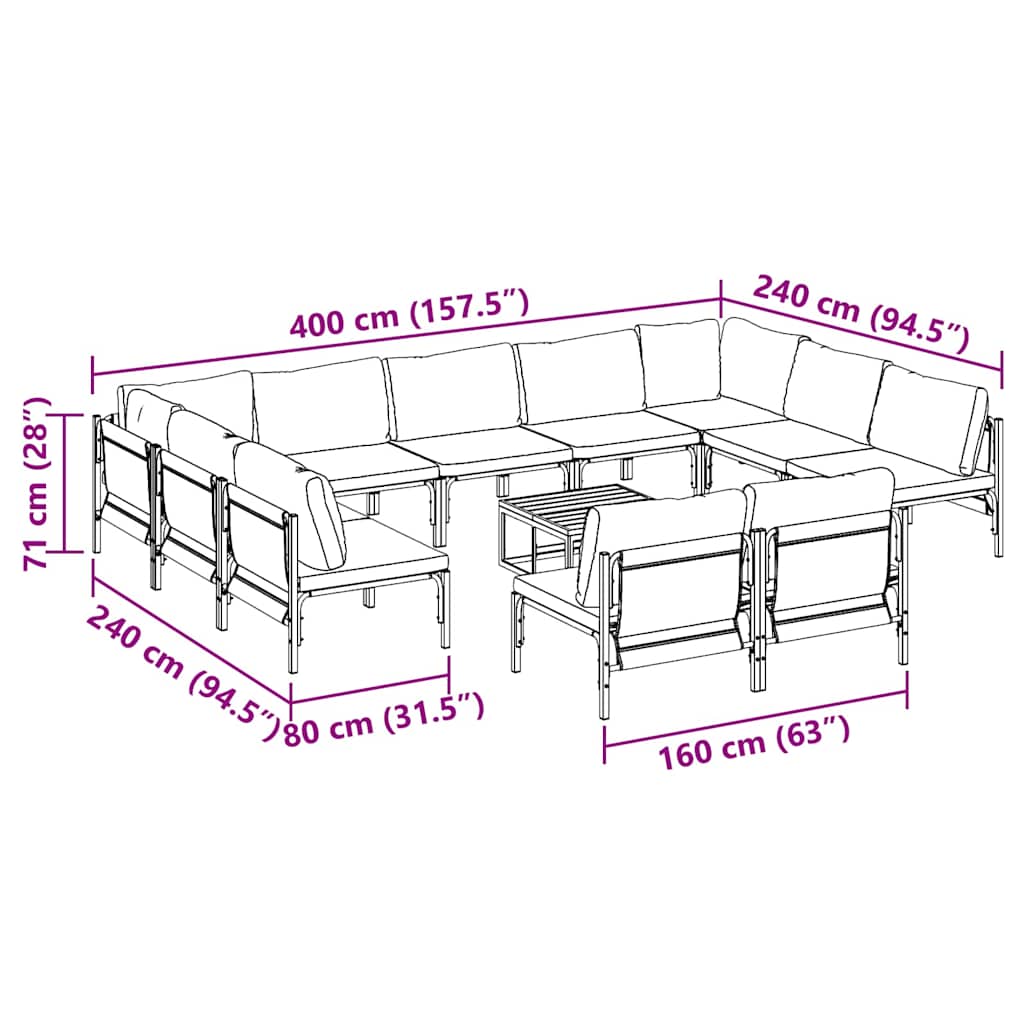 vidaXL Zestaw Sof na Ogród z poduszką 12 pcs Czarny Stal