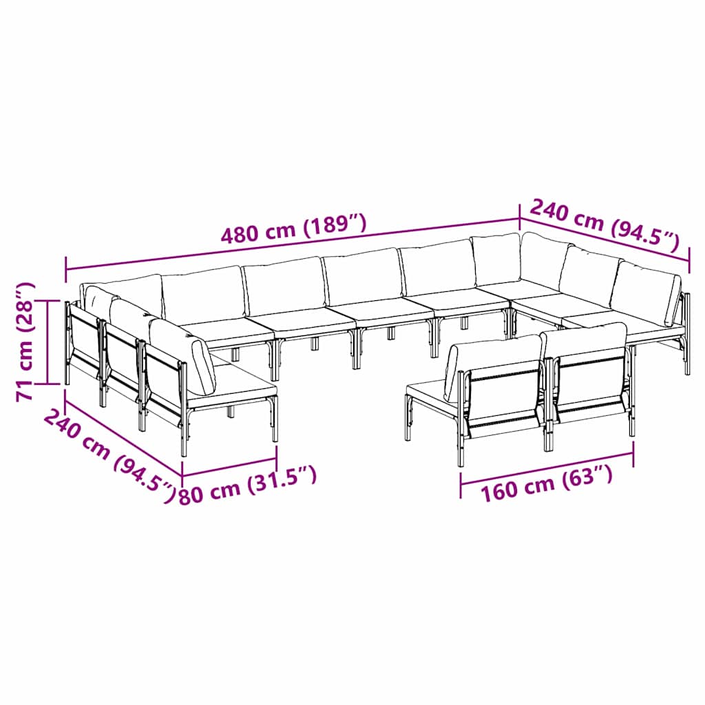 vidaXL Zestaw Sof na Ogród z poduszką 12 pcs Czarny Stal