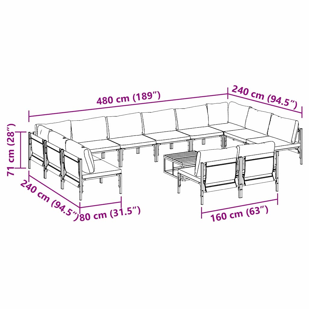 vidaXL Zestaw Sof na Ogród z poduszką 13 pcs Czarny Stal
