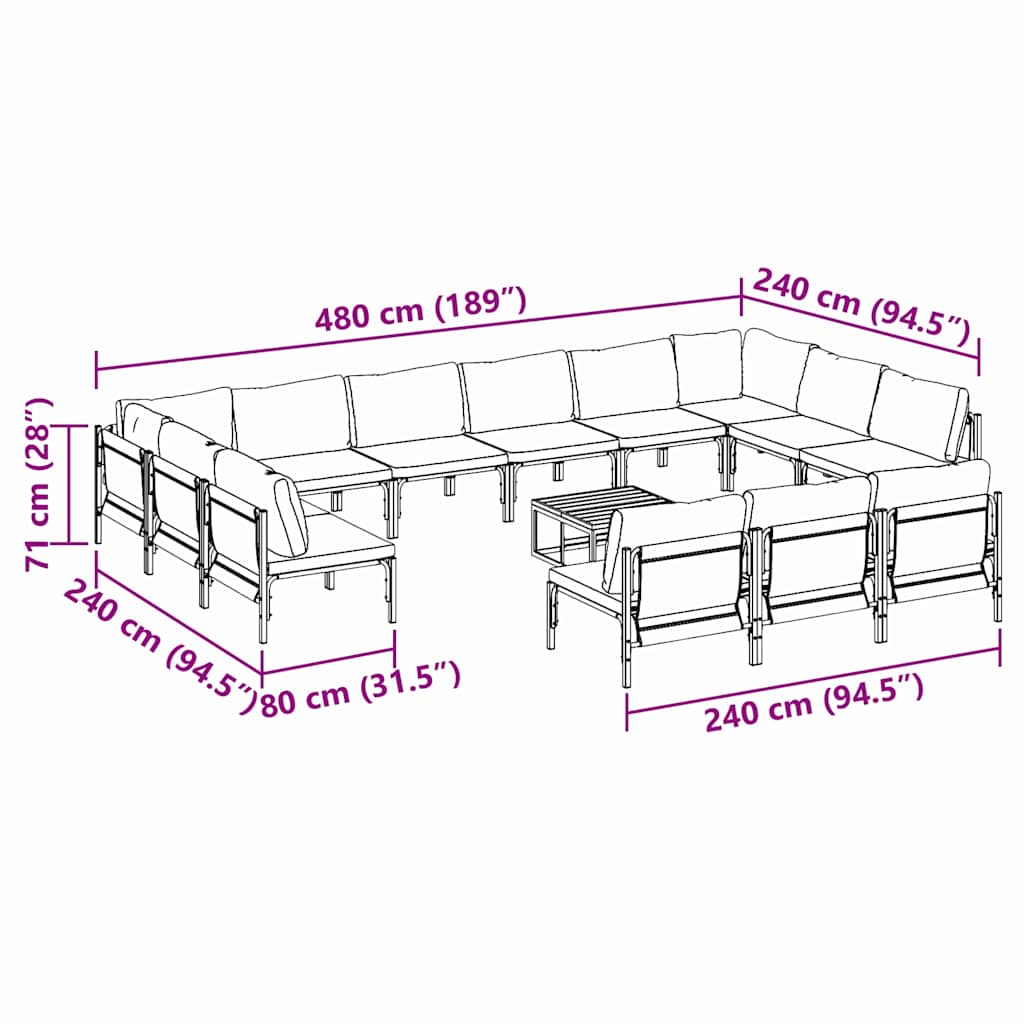 vidaXL Zestaw Sof na Ogród z poduszką 14 pcs Czarny Stal