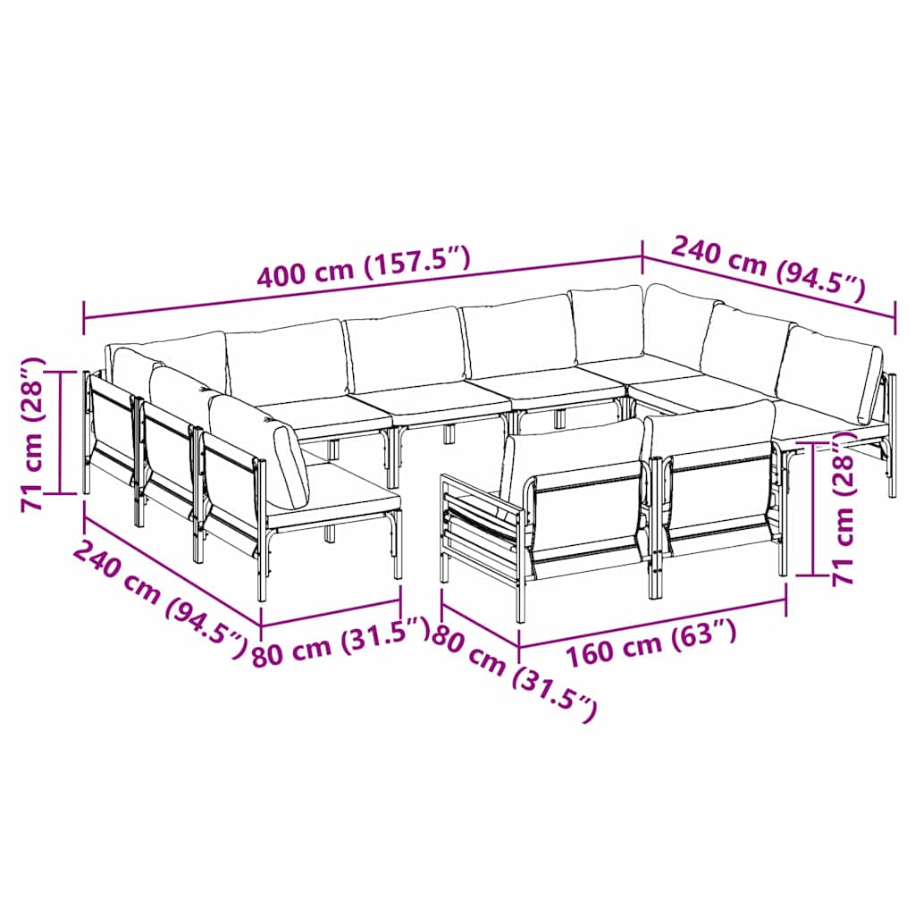 vidaXL Zestaw Sof na Ogród z poduszką 11 pcs Czarny Stal