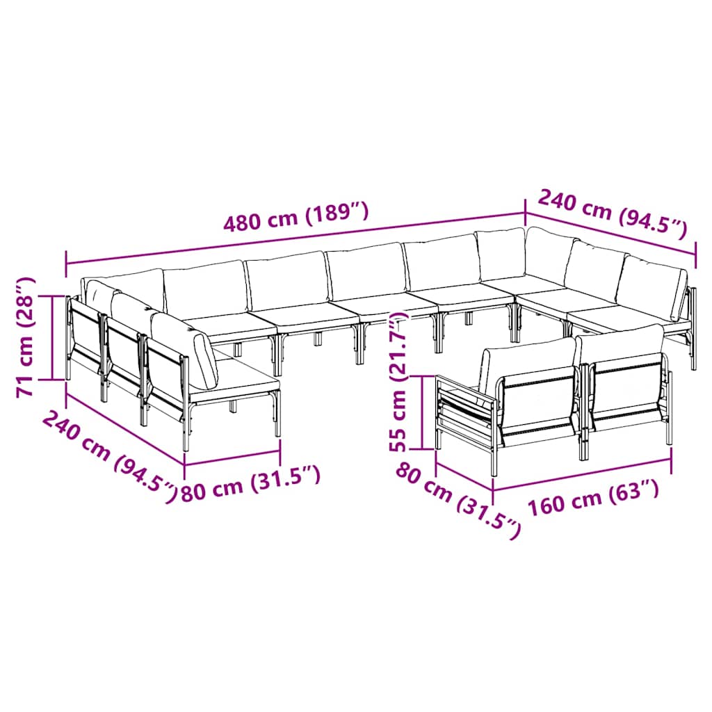 vidaXL Zestaw Sof na Ogród z poduszką 12 pcs Czarny Stal