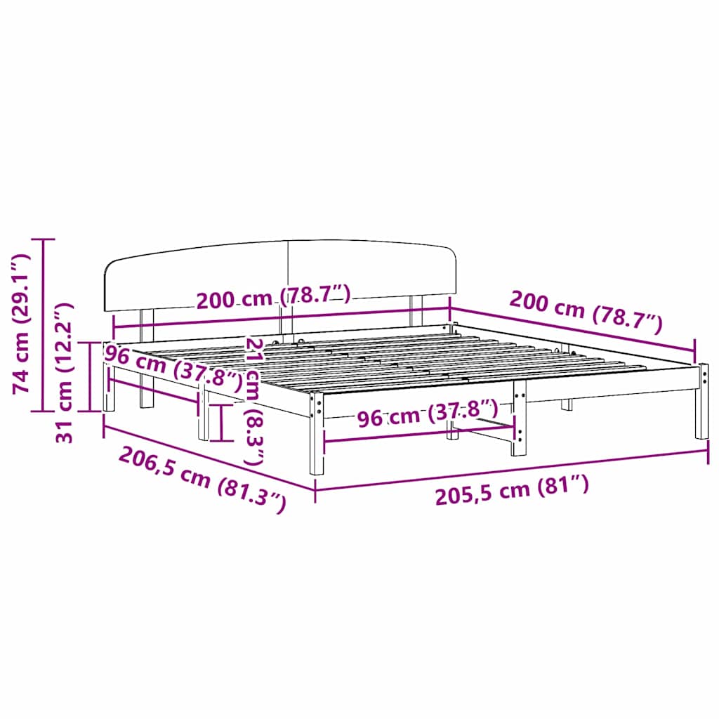 vidaXL Ramka łóżka Naturalny 200 x 200 cm Lite drewno sosnowe