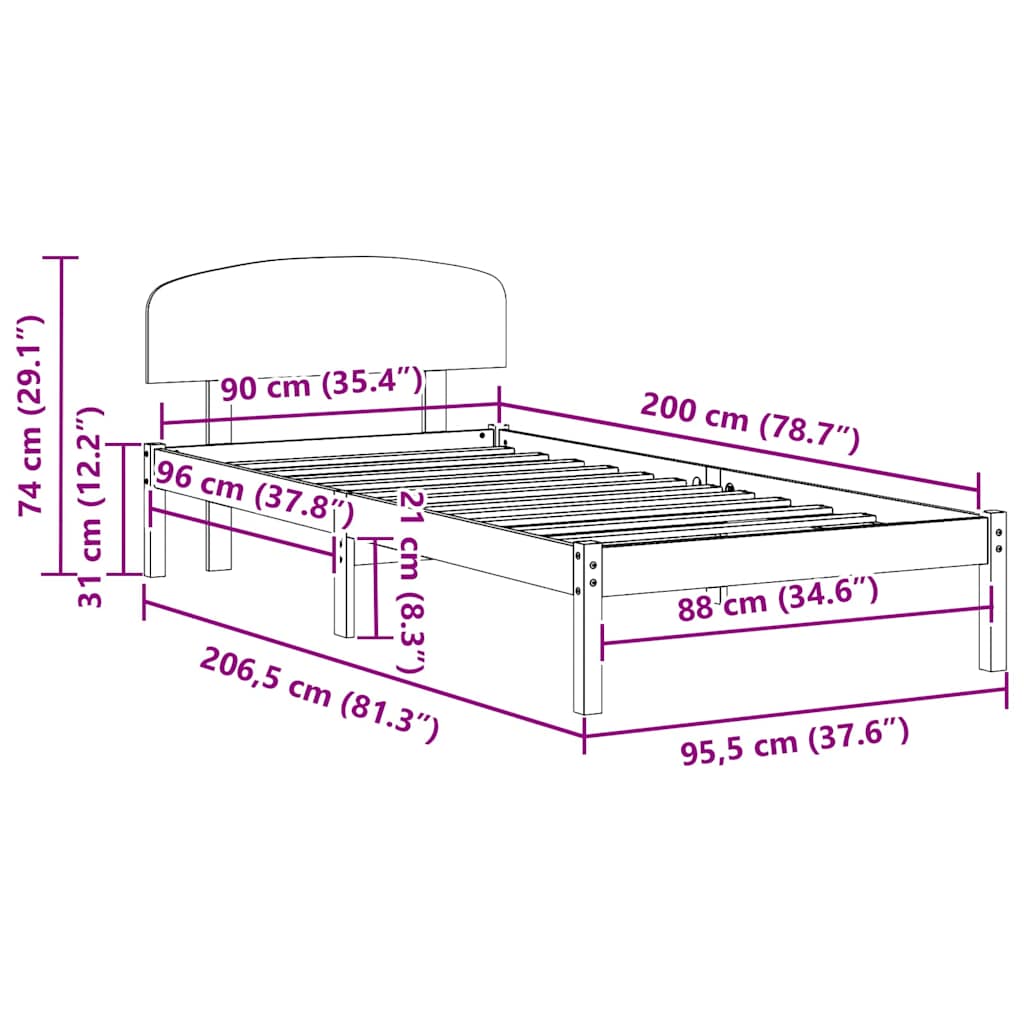 vidaXL Ramka łóżka Naturalny 90 x 200 cm Lite drewno sosnowe