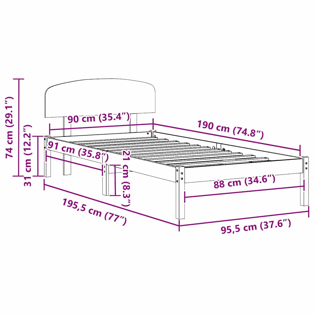 vidaXL Ramka łóżka Z zagłówkiem Biały 90 x 190 cm Lite drewno sosnowe