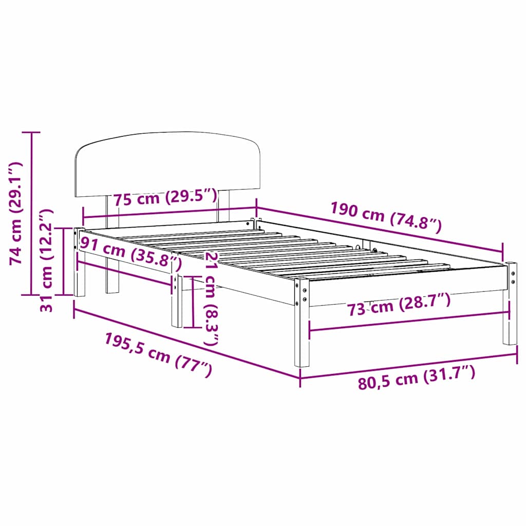 vidaXL Ramka łóżka Z zagłówkiem Biały 75 x 190 cm Lite drewno sosnowe