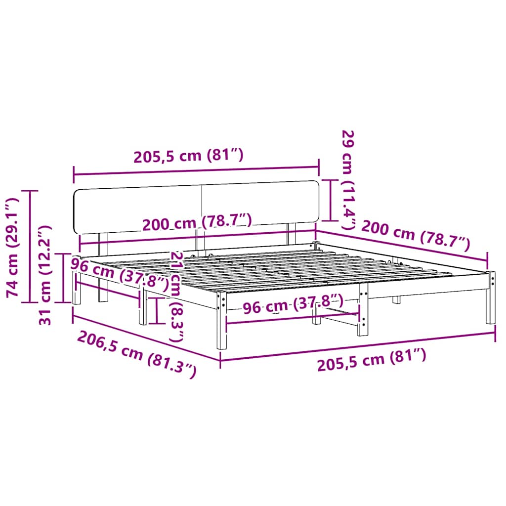 vidaXL Ramka łóżka Naturalny 200 x 200 cm Lite drewno sosnowe