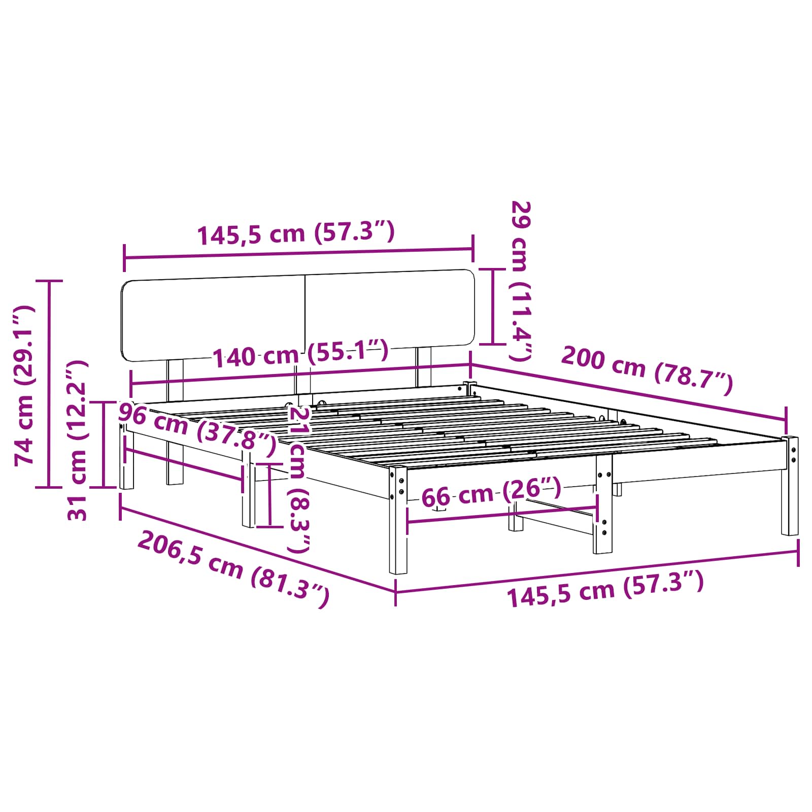 vidaXL Ramka łóżka Z zagłówkiem Biały 140 x 200 cm Lite drewno sosnowe