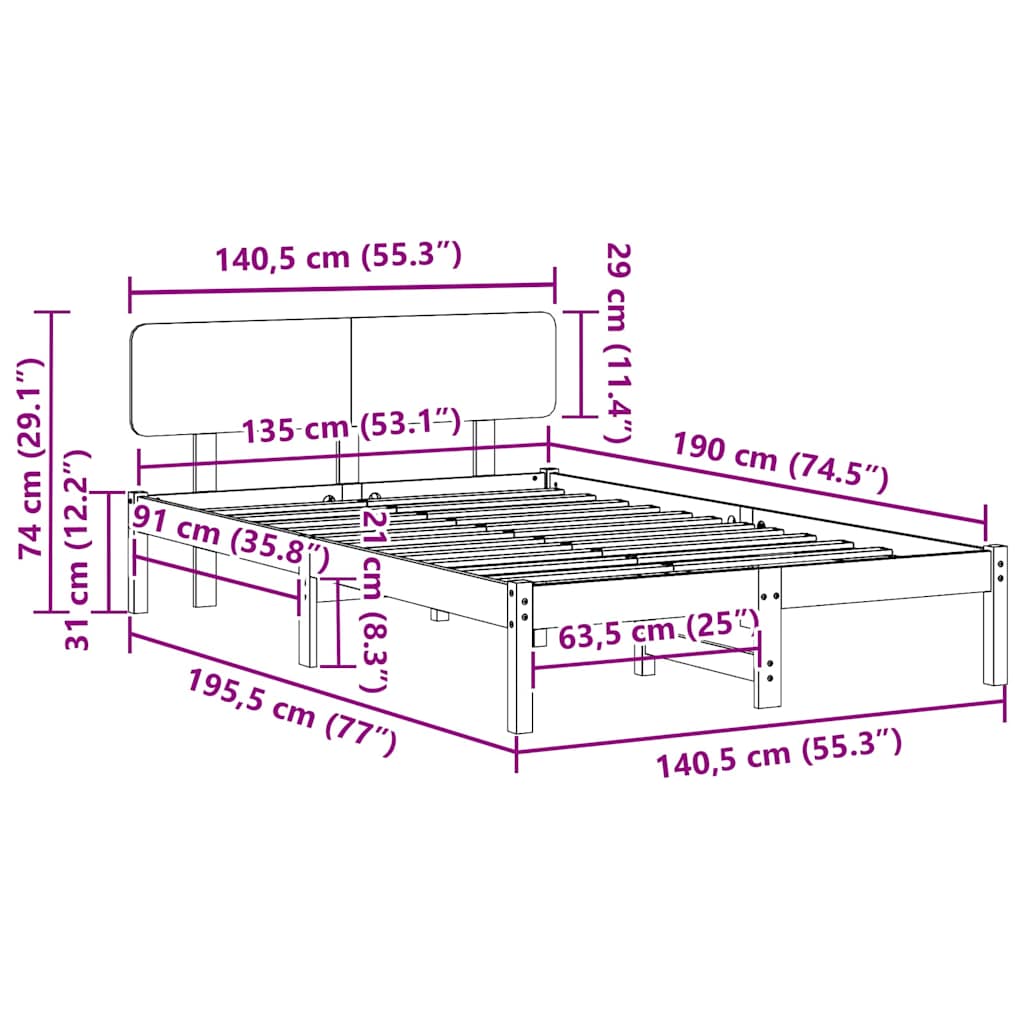 vidaXL Ramka łóżka Z zagłówkiem Biały 135 x 190 cm Lite drewno sosnowe