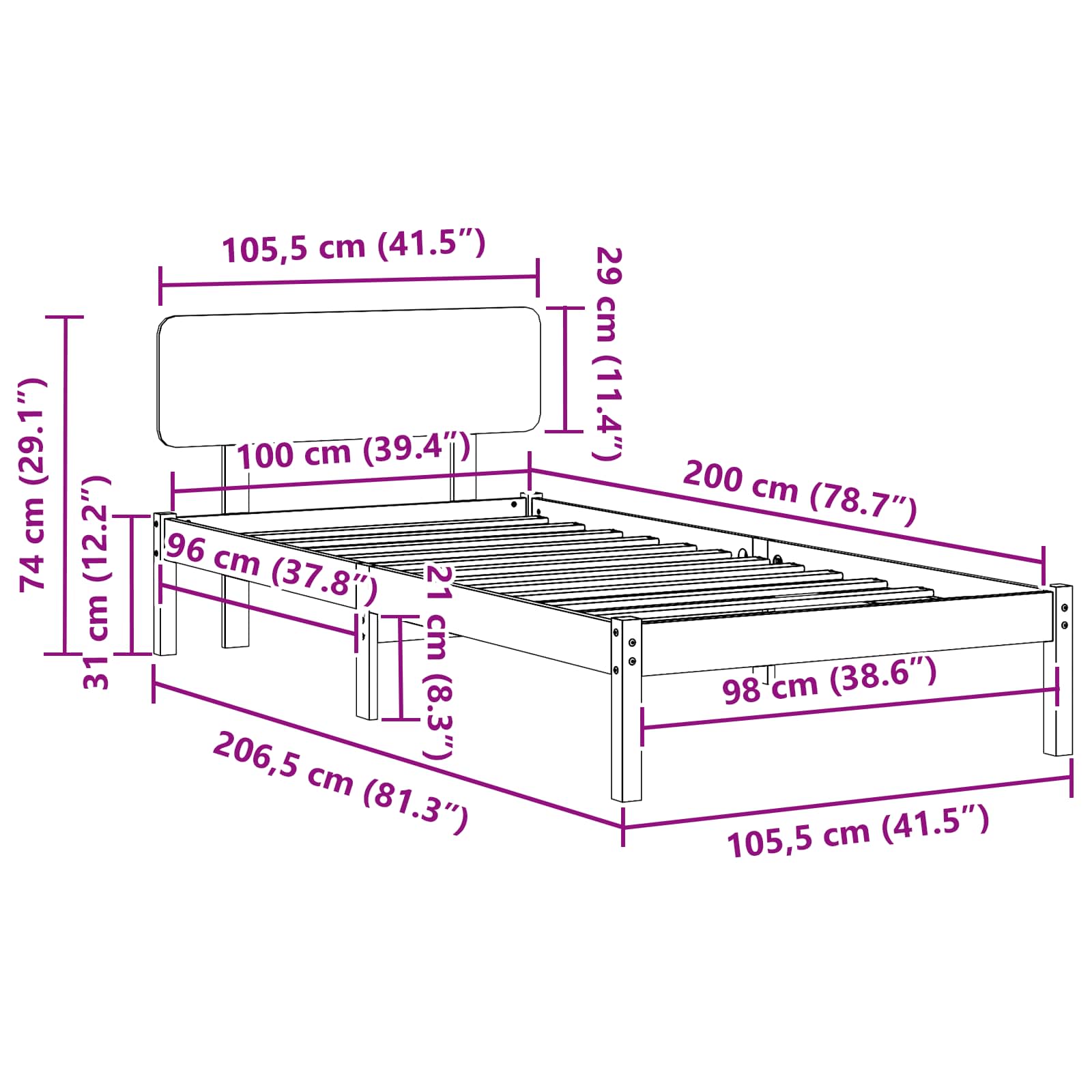 vidaXL Ramka łóżka Naturalny 100 x 200 cm Lite drewno sosnowe