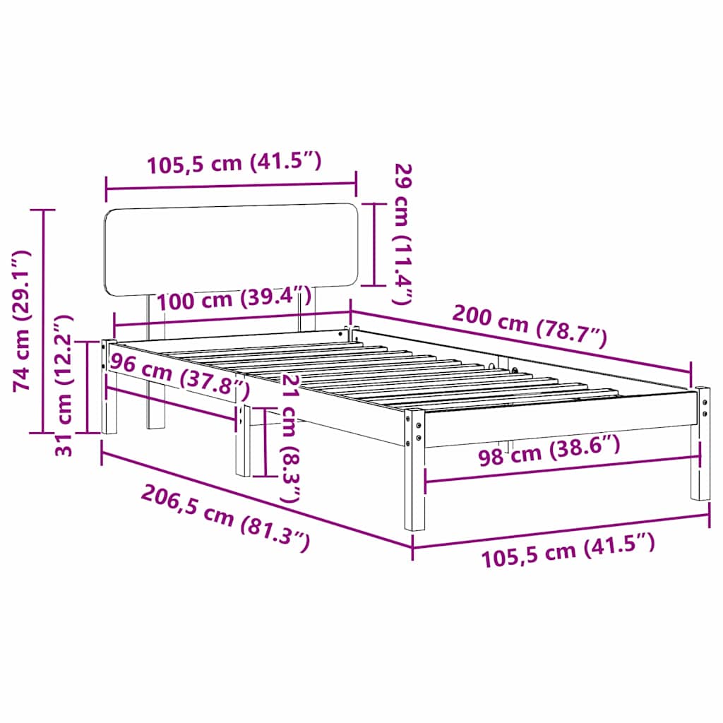 vidaXL Ramka łóżka Z zagłówkiem Biały 100 x 200 cm Lite drewno sosnowe