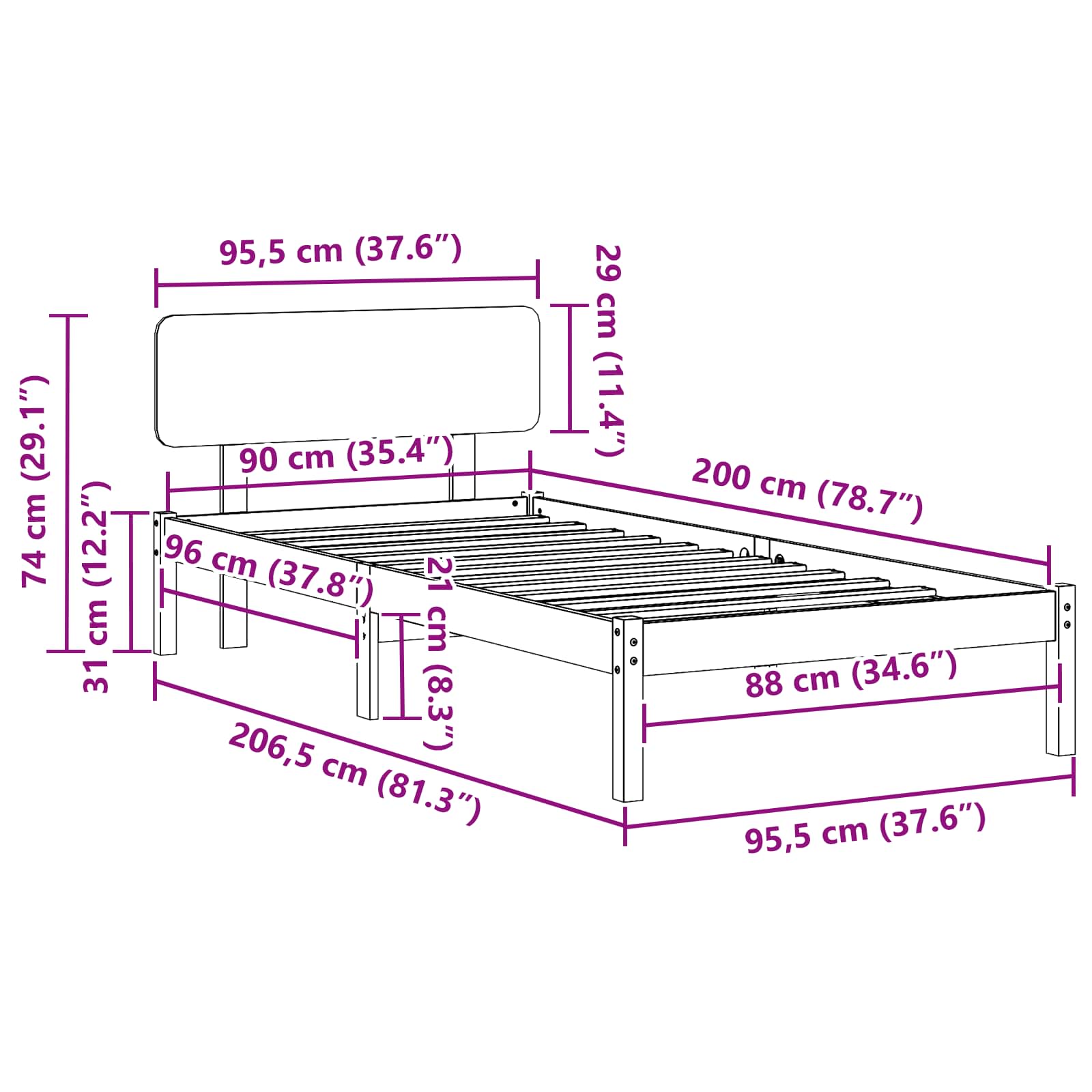 vidaXL Ramka łóżka Z zagłówkiem Biały 90 x 200 cm Lite drewno sosnowe