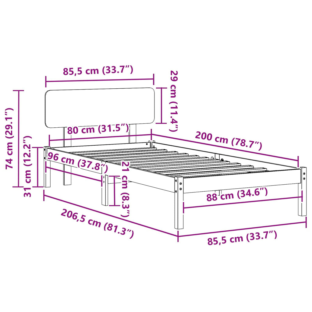 vidaXL Ramka łóżka Naturalny 80 x 200 cm Lite drewno sosnowe
