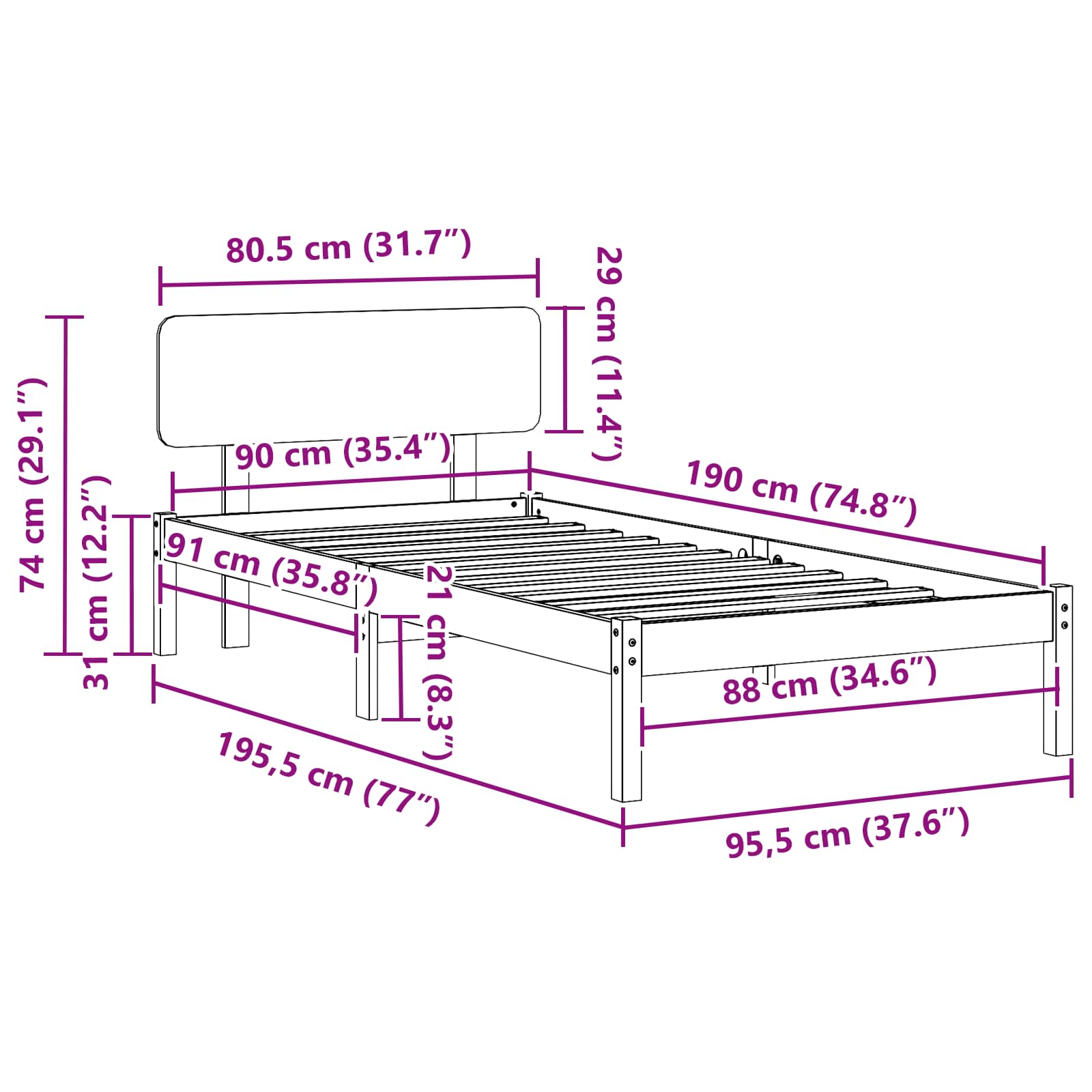 vidaXL Ramka łóżka Naturalny 90 x 190 cm Lite drewno sosnowe