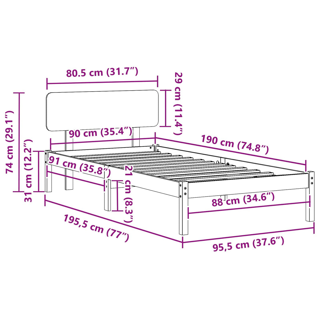 vidaXL Ramka łóżka Z zagłówkiem Biały 90 x 190 cm Lite drewno sosnowe