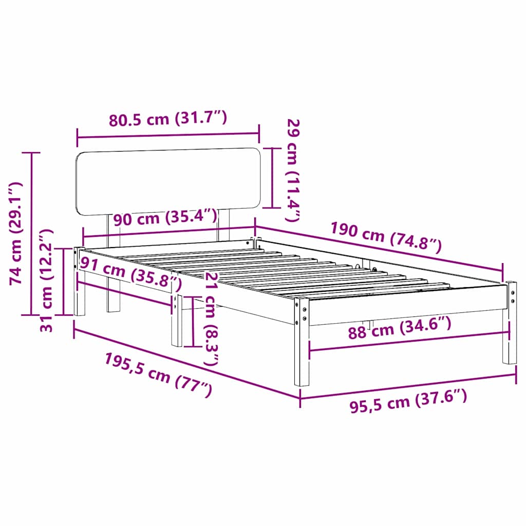 vidaXL Ramka łóżka Woskowy Brąz 90 x 190 cm Lite drewno sosnowe