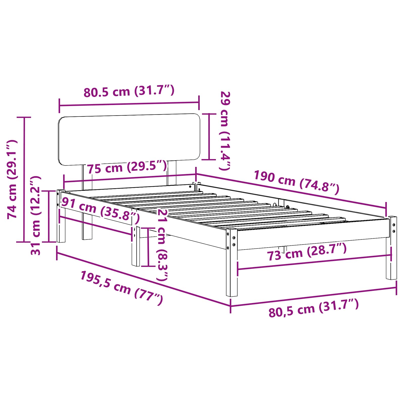 vidaXL Ramka łóżka Z zagłówkiem Biały 75 x 190 cm Lite drewno sosnowe