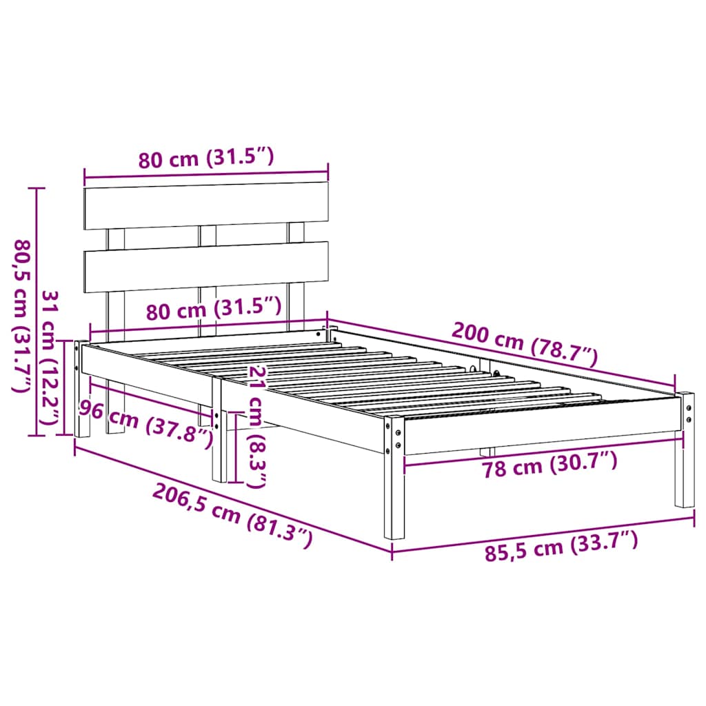 vidaXL Ramka łóżka Brązowy 80 x 200 cm Lite drewno sosnowe