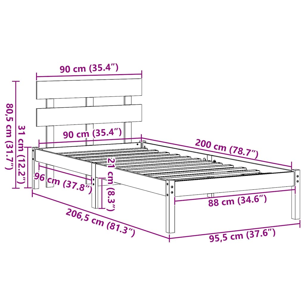 vidaXL Ramka łóżka Brązowy 90 x 200 cm Lite drewno sosnowe