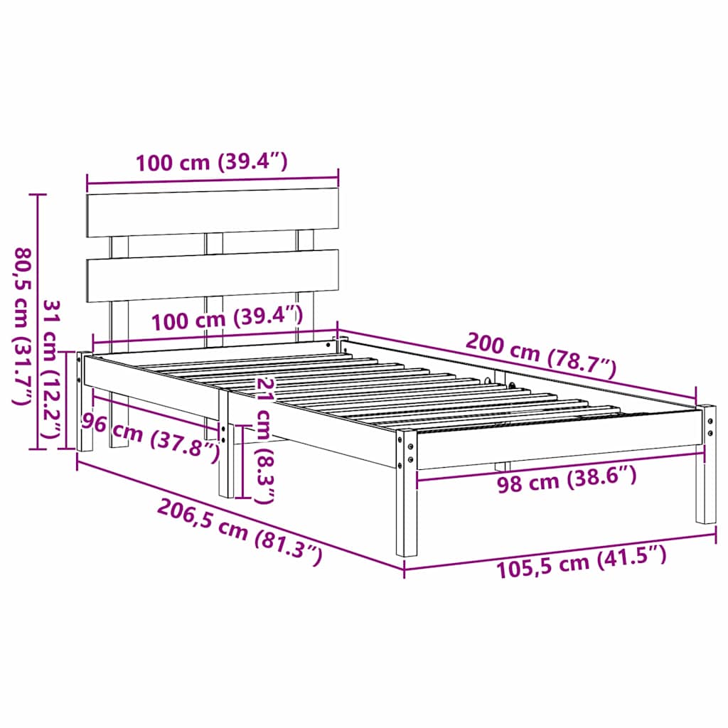 vidaXL Ramka łóżka Brązowy 100 x 200 cm Lite drewno sosnowe