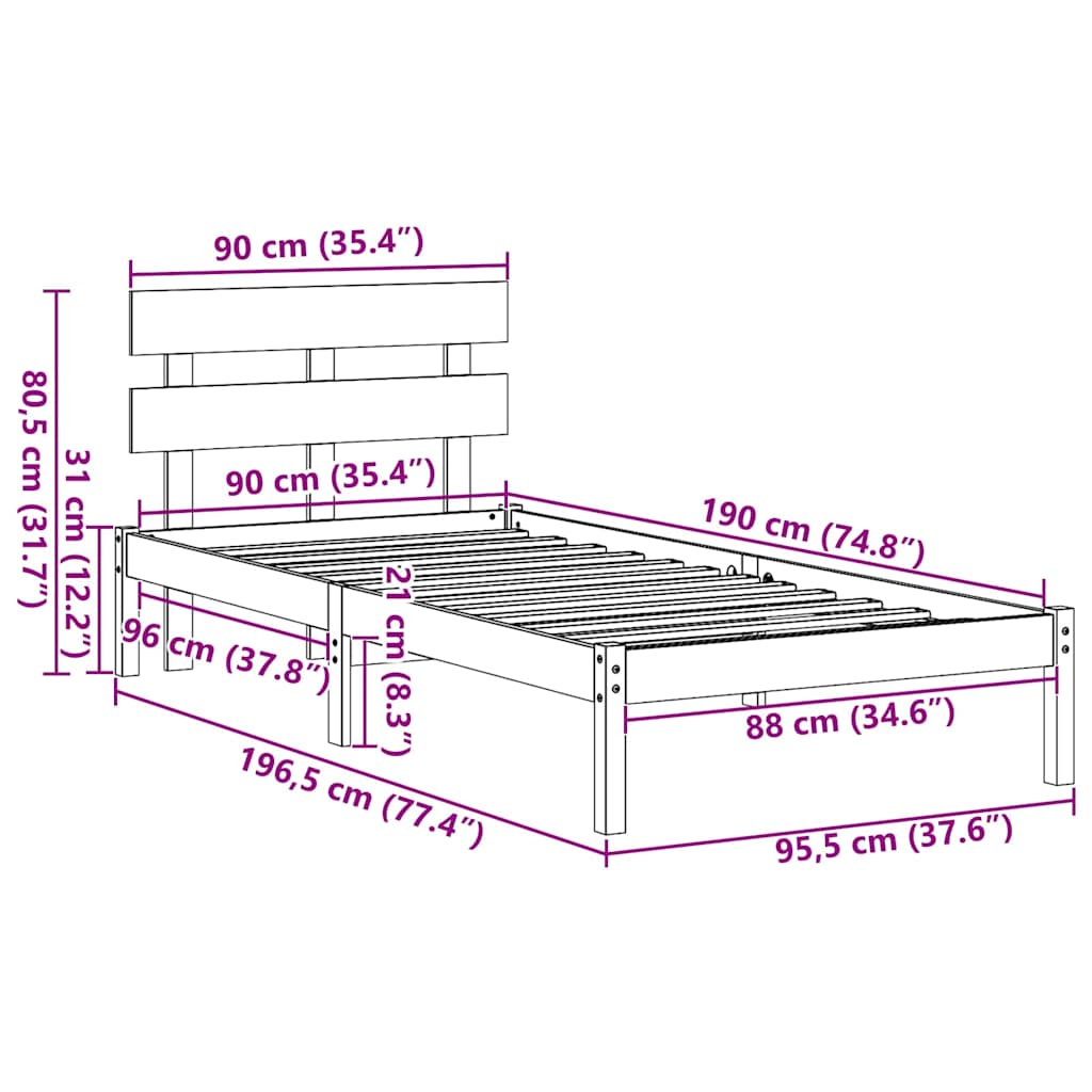 vidaXL Ramka łóżka Z zagłówkiem Biały 90 x 190 cm Lite drewno sosnowe