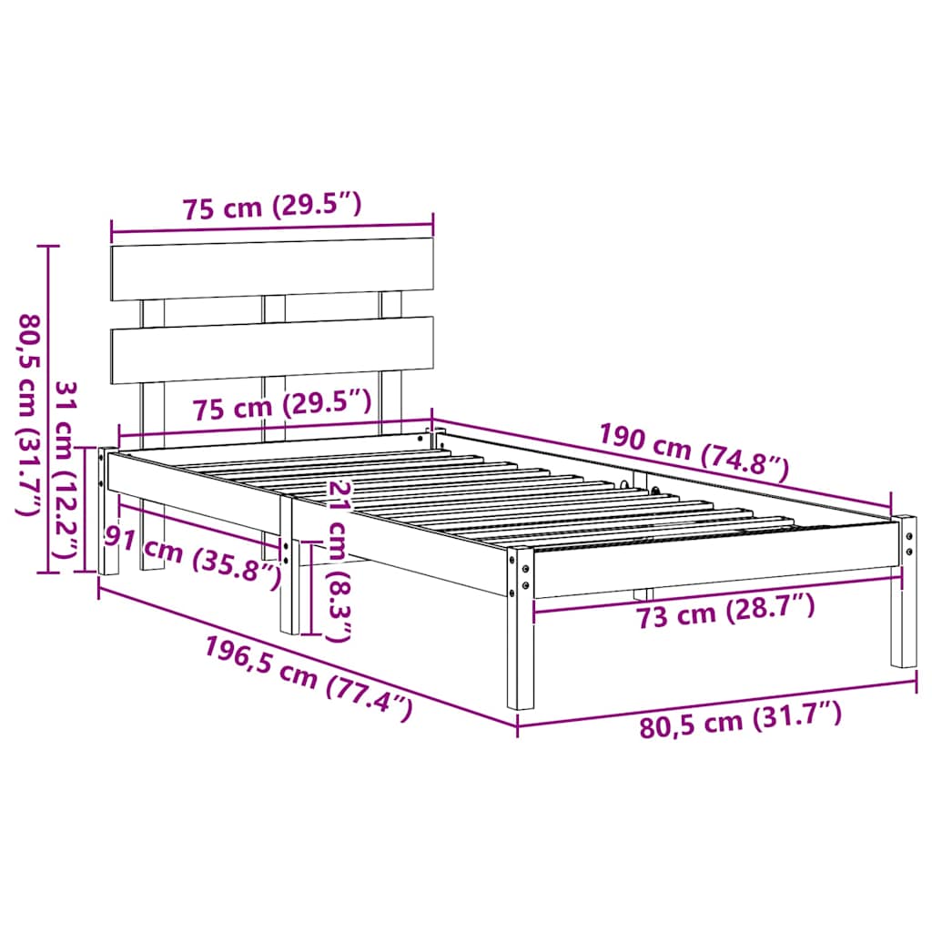 vidaXL Ramka łóżka Brązowy 75 x 190 cm Lite drewno sosnowe