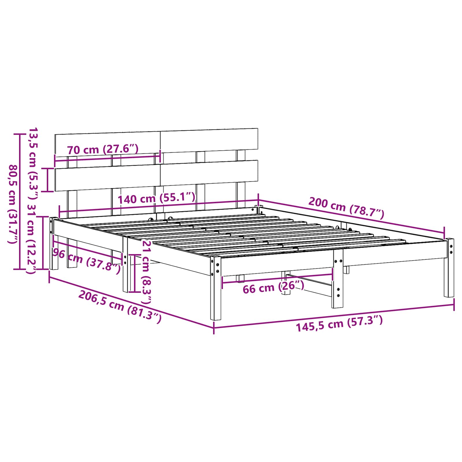 vidaXL Ramka łóżka Brązowy 140 x 200 cm Lite drewno sosnowe