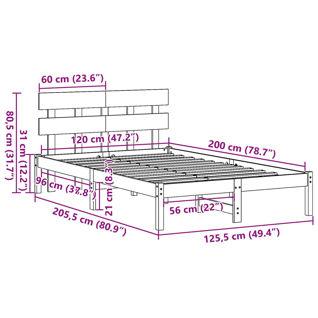 vidaXL Ramka łóżka Brązowy 120 x 200 cm Lite drewno sosnowe