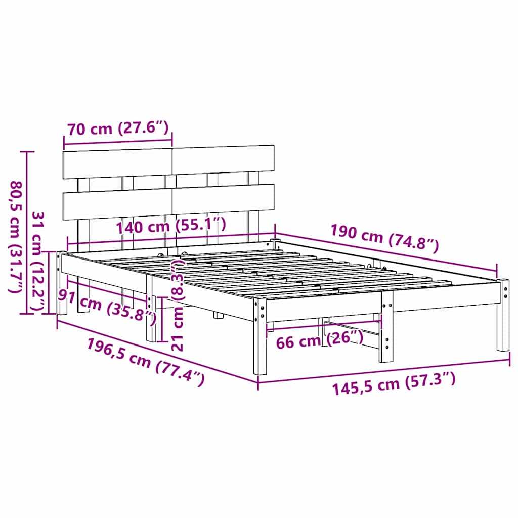vidaXL Ramka łóżka Brązowy 140 x 190 cm Lite drewno sosnowe