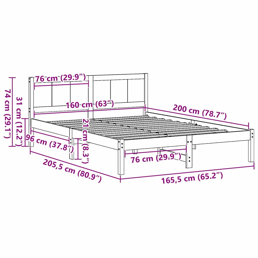 vidaXL Ramka łóżka Brązowy 160 x 200 cm Lite drewno sosnowe