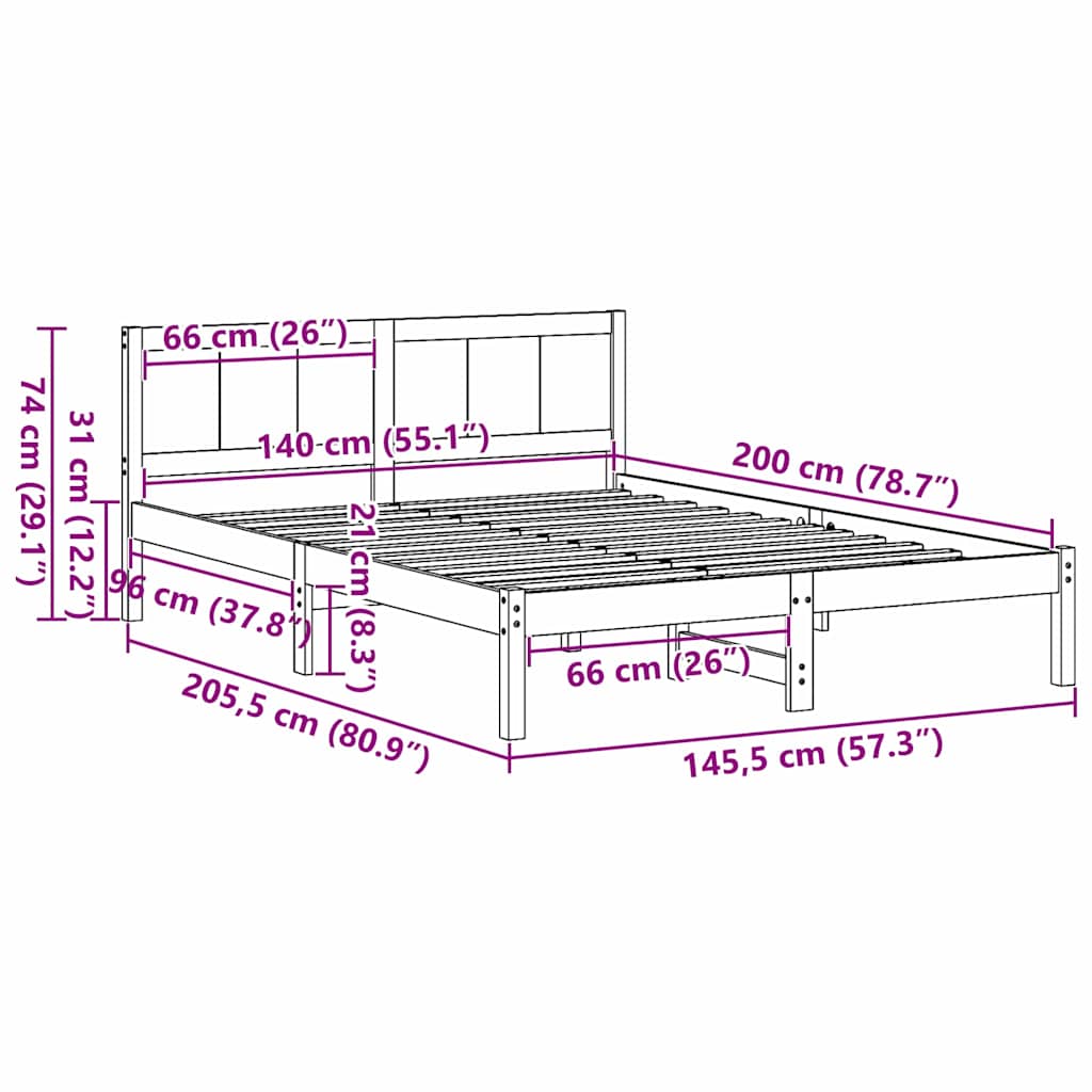 vidaXL Ramka łóżka Brązowy 140 x 200 cm Lite drewno sosnowe