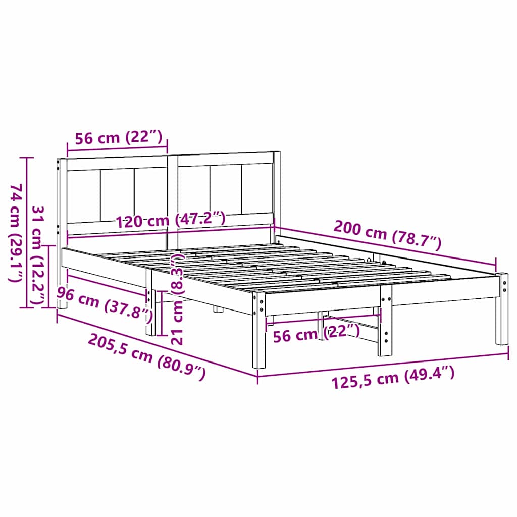 vidaXL Ramka łóżka Brązowy 120 x 200 cm Lite drewno sosnowe