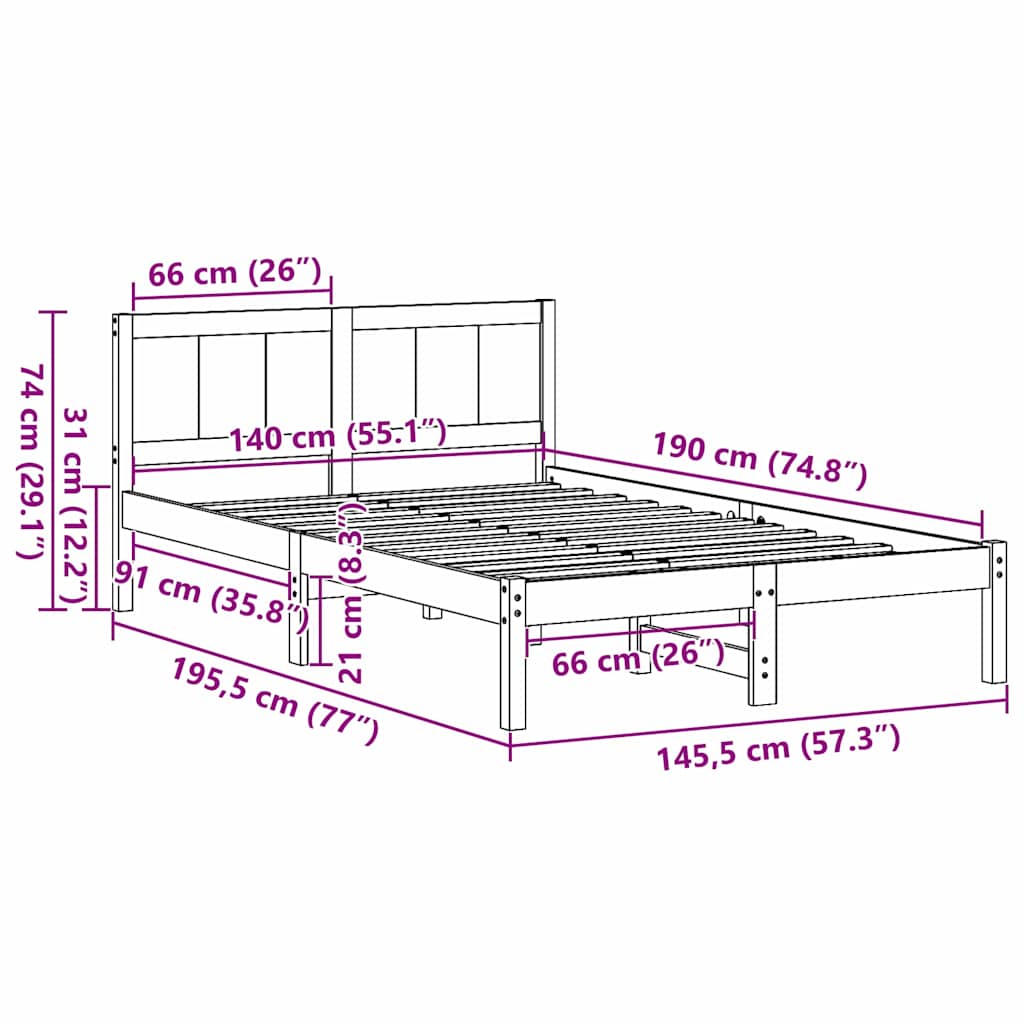 vidaXL Ramka łóżka Brązowy 140 x 190 cm Lite drewno sosnowe
