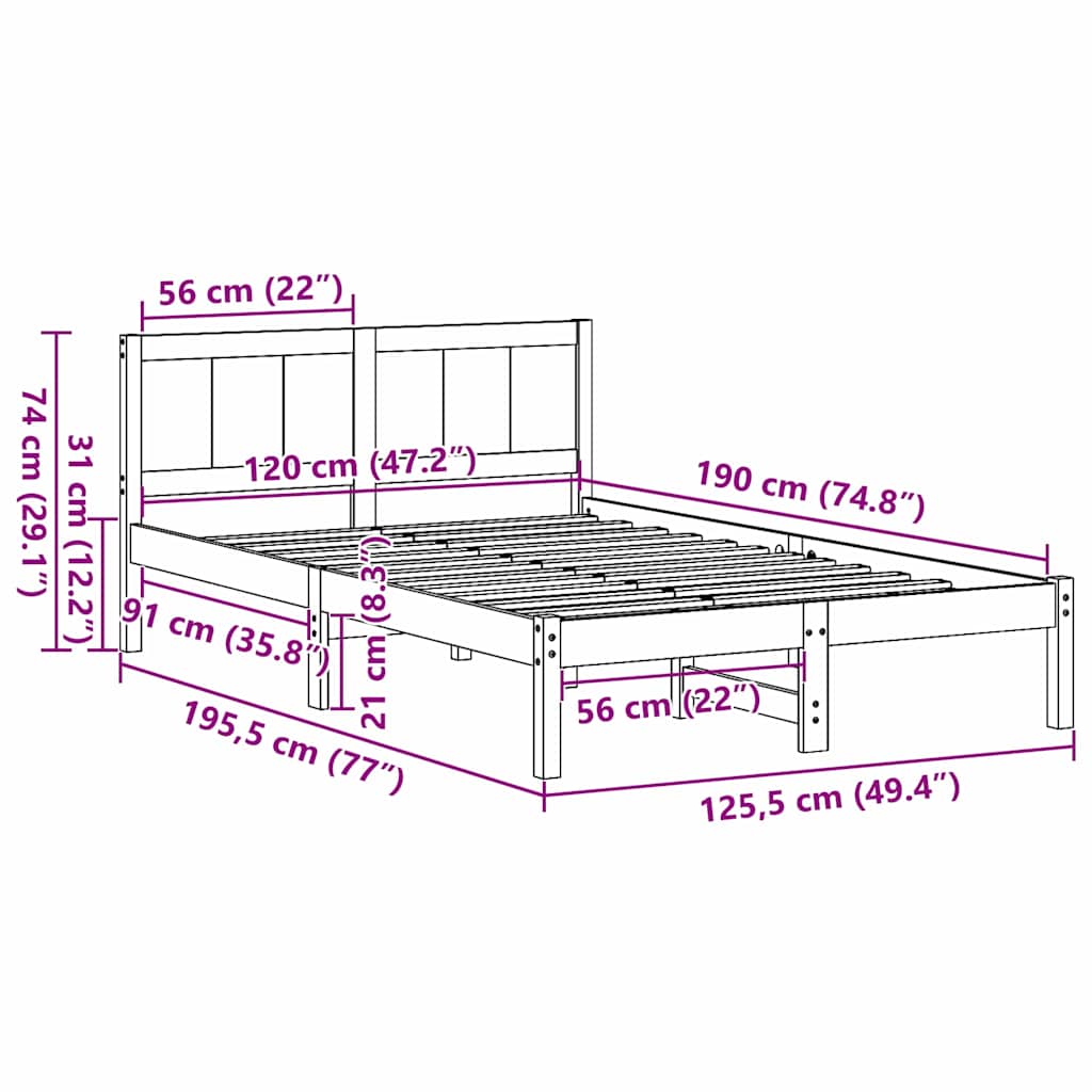 vidaXL Ramka łóżka Brązowy 120 x 190 cm Lite drewno sosnowe