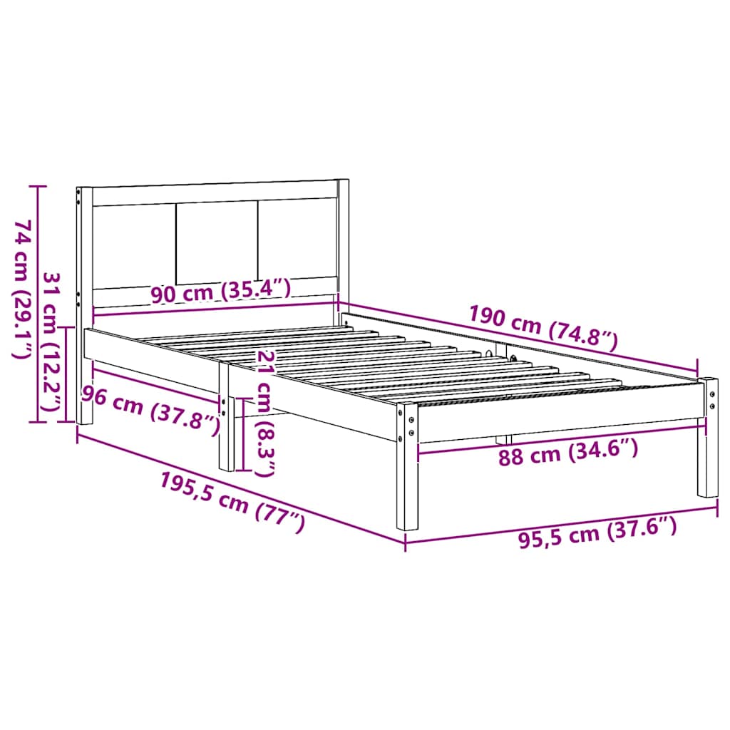 vidaXL Ramka łóżka Brązowy 90 x 190 cm Lite drewno sosnowe