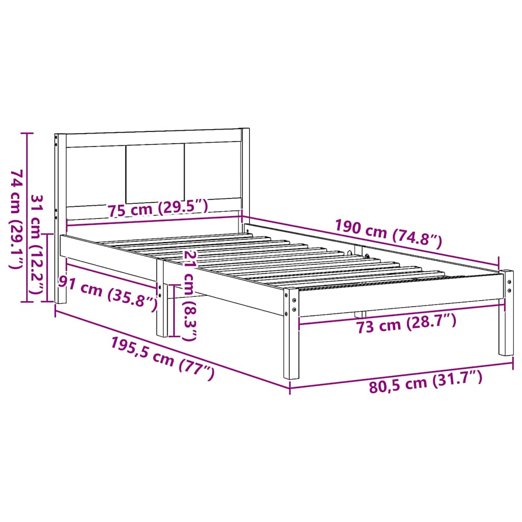 vidaXL Ramka łóżka Brązowy 75 x 190 cm Lite drewno sosnowe