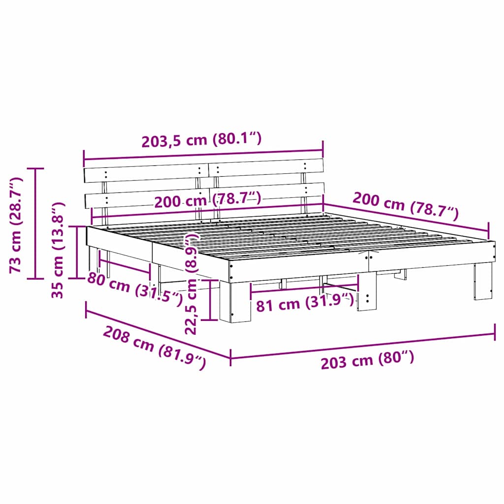 vidaXL Ramka łóżka Naturalny 200 x 200 cm Lite drewno sosnowe