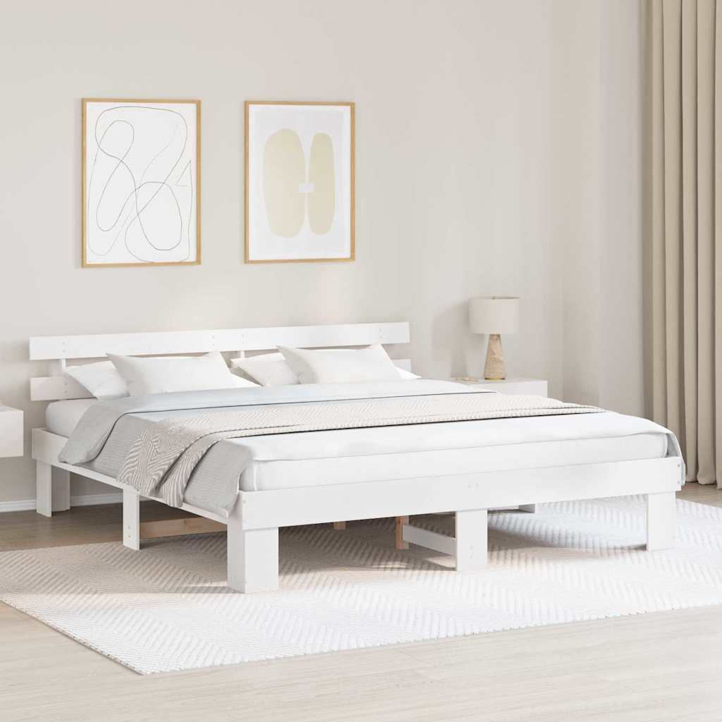 vidaXL Ramka łóżka Z zagłówkiem Biały 200 x 200 cm Lite drewno sosnowe