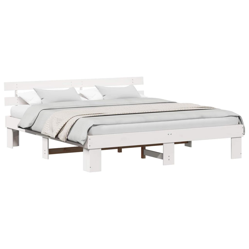 vidaXL Ramka łóżka Z zagłówkiem Biały 200 x 200 cm Lite drewno sosnowe