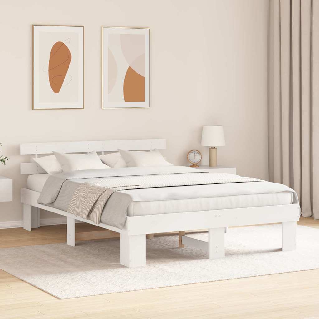 vidaXL Ramka łóżka Z zagłówkiem Biały 160 x 200 cm Lite drewno sosnowe