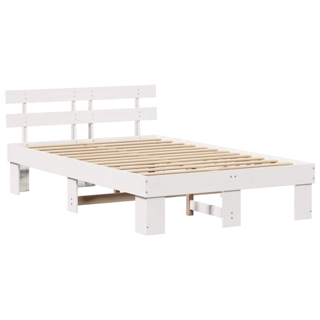 vidaXL Ramka łóżka Z zagłówkiem Biały 135 x 190 cm Lite drewno sosnowe