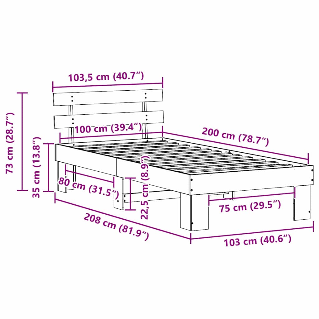 vidaXL Ramka łóżka Z zagłówkiem Biały 100 x 200 cm Lite drewno sosnowe