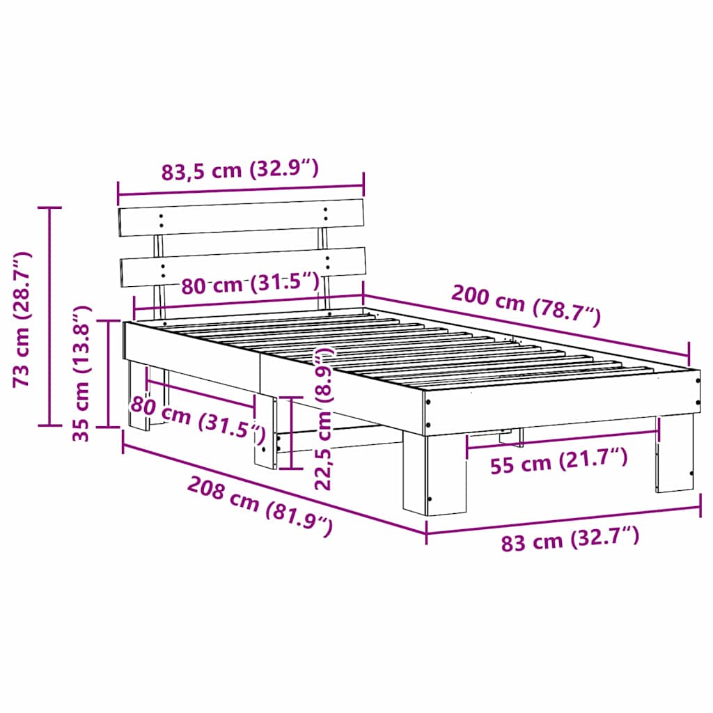 vidaXL Ramka łóżka Woskowy Brąz 80 x 200 cm Lite drewno sosnowe