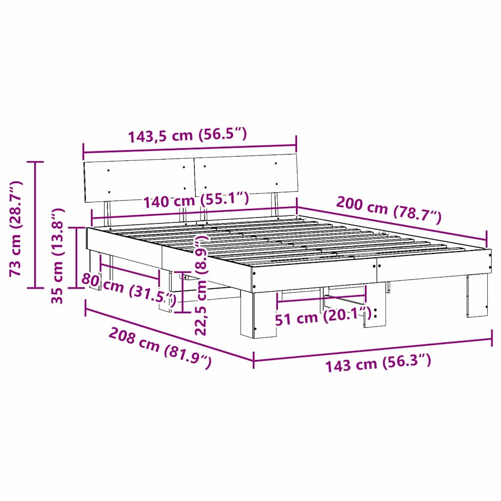 vidaXL Ramka łóżka Woskowy Brąz 140 x 200 cm Lite drewno sosnowe